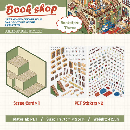 Bookshop scene sticker kit contents with one scene card and two PET sticker sheets