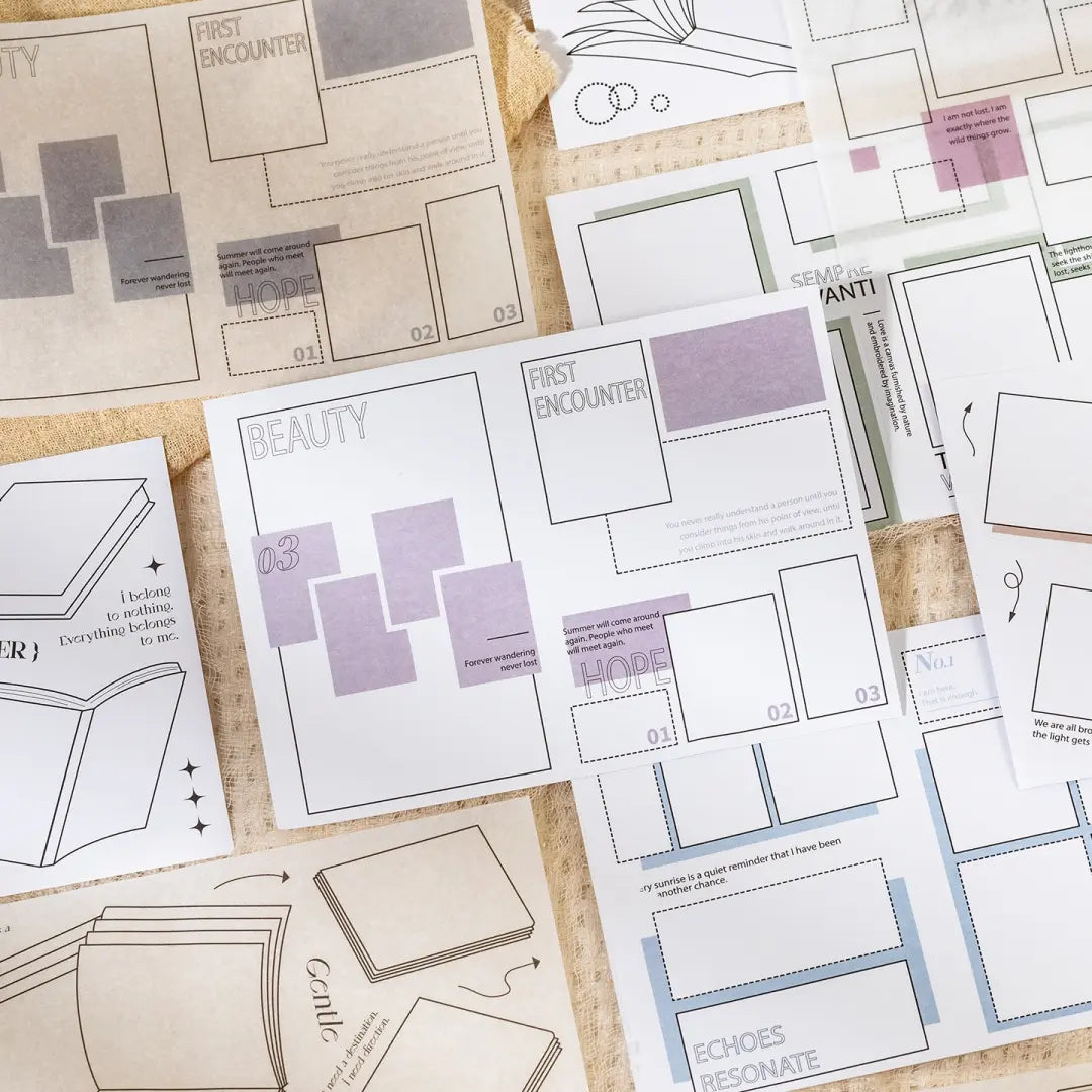 Multiple Color Border and Book Border journaling sticker sheets with frame layouts, quote areas, and blank writing spaces