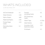 English contents list for the Botanical Haven Junk Journal Kit with included item names and quantities