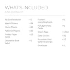 English contents list for the Botanical Haven Junk Journal Kit with included item names and quantities