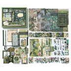 Botanical Haven Junk Journal Kit flat lay showing the coordinated papers, ephemera, stickers, and craft embellishments included in the set