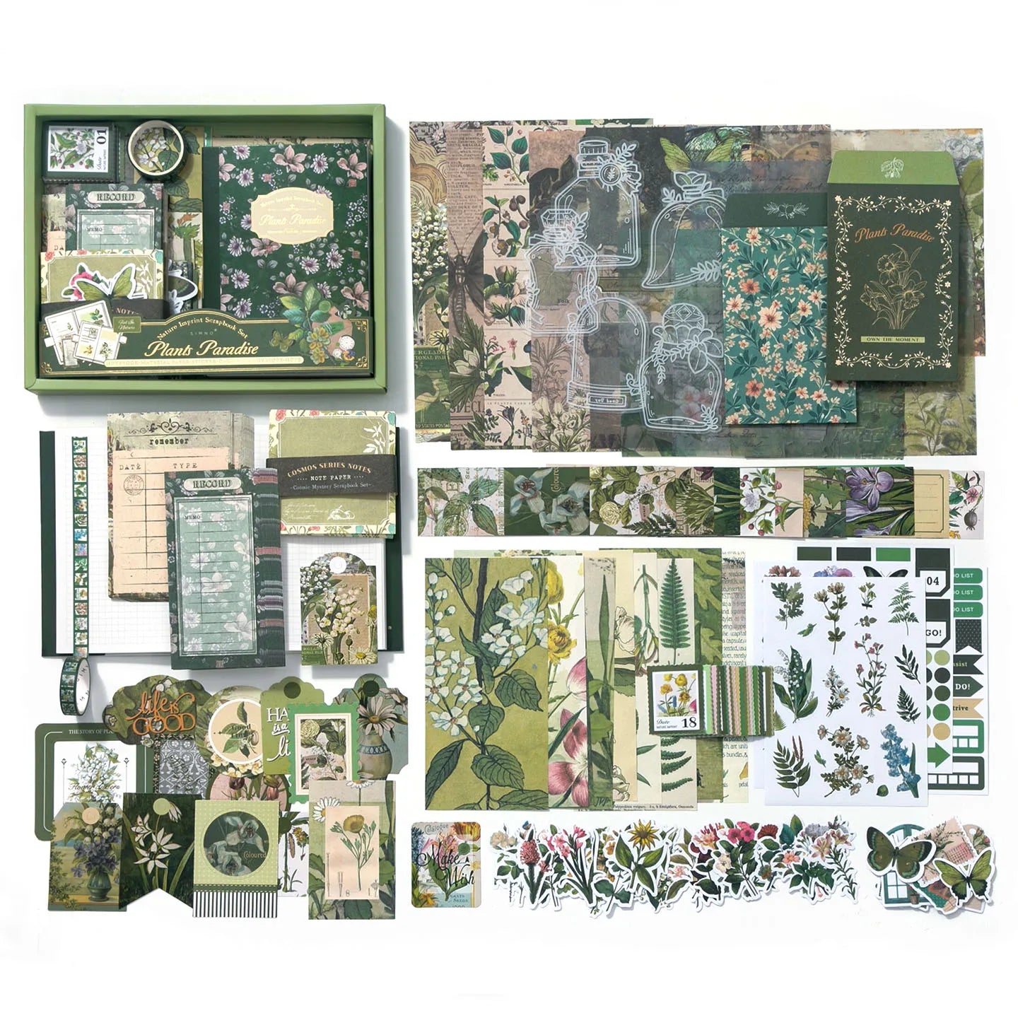 Botanical Haven Junk Journal Kit flat lay showing the coordinated papers, ephemera, stickers, and craft embellishments included in the set