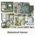 Botanical Haven Junk Journal Kit flat lay showing the coordinated papers, ephemera, stickers, and craft embellishments included in the set