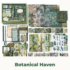 Botanical Haven Junk Journal Kit flat lay showing the coordinated papers, ephemera, stickers, and craft embellishments included in the set