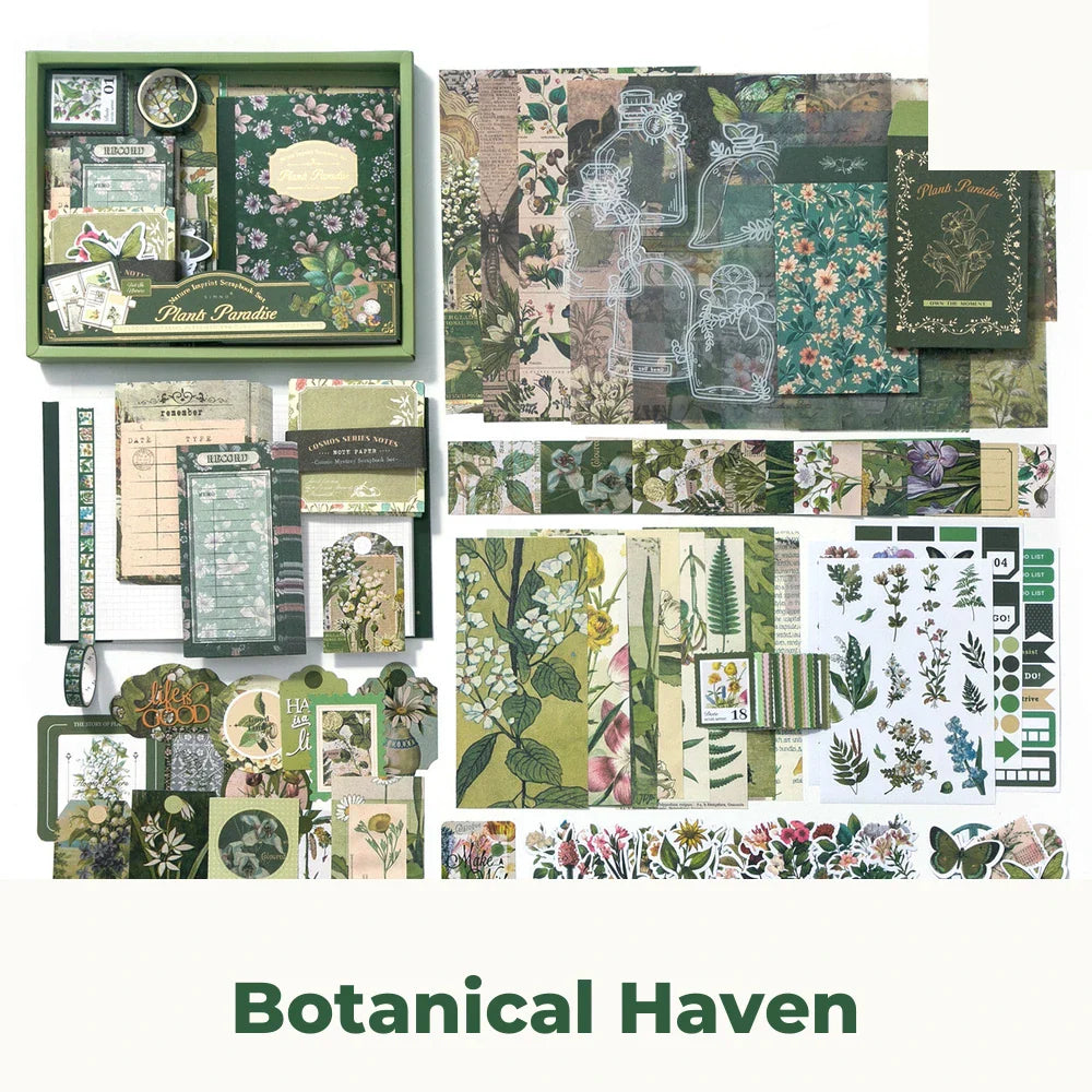 Botanical Haven Junk Journal Kit flat lay showing the coordinated papers, ephemera, stickers, and craft embellishments included in the set