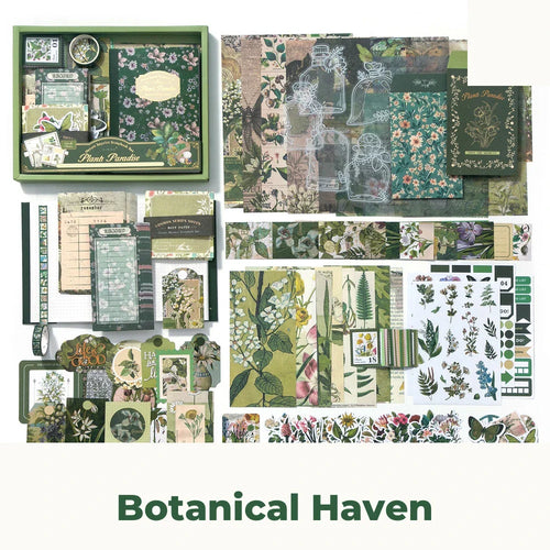 Botanical Haven Junk Journal Kit flat lay showing the coordinated papers, ephemera, stickers, and craft embellishments included in the set