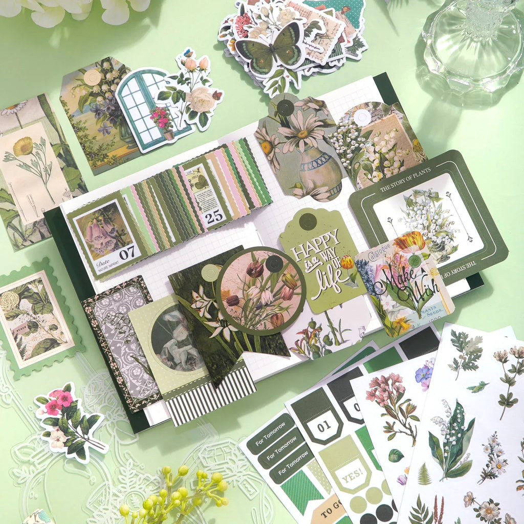 Botanical Haven Junk Journal Kit gallery image 2 showing botanical papers, leafy stickers, and nature-inspired ephemera for junk journaling and scrapbooking