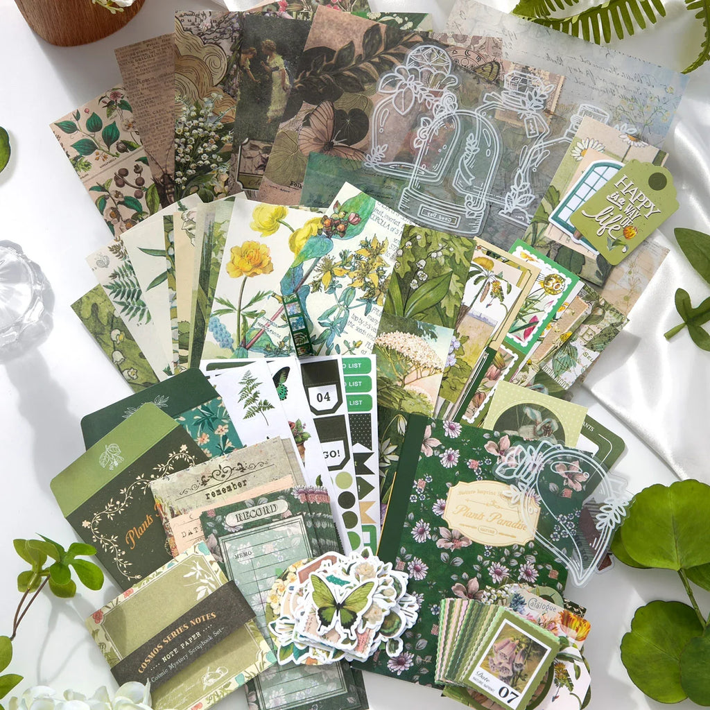 Botanical Haven Junk Journal Kit gallery image 7 showing botanical papers, leafy stickers, and nature-inspired ephemera for junk journaling and scrapbooking