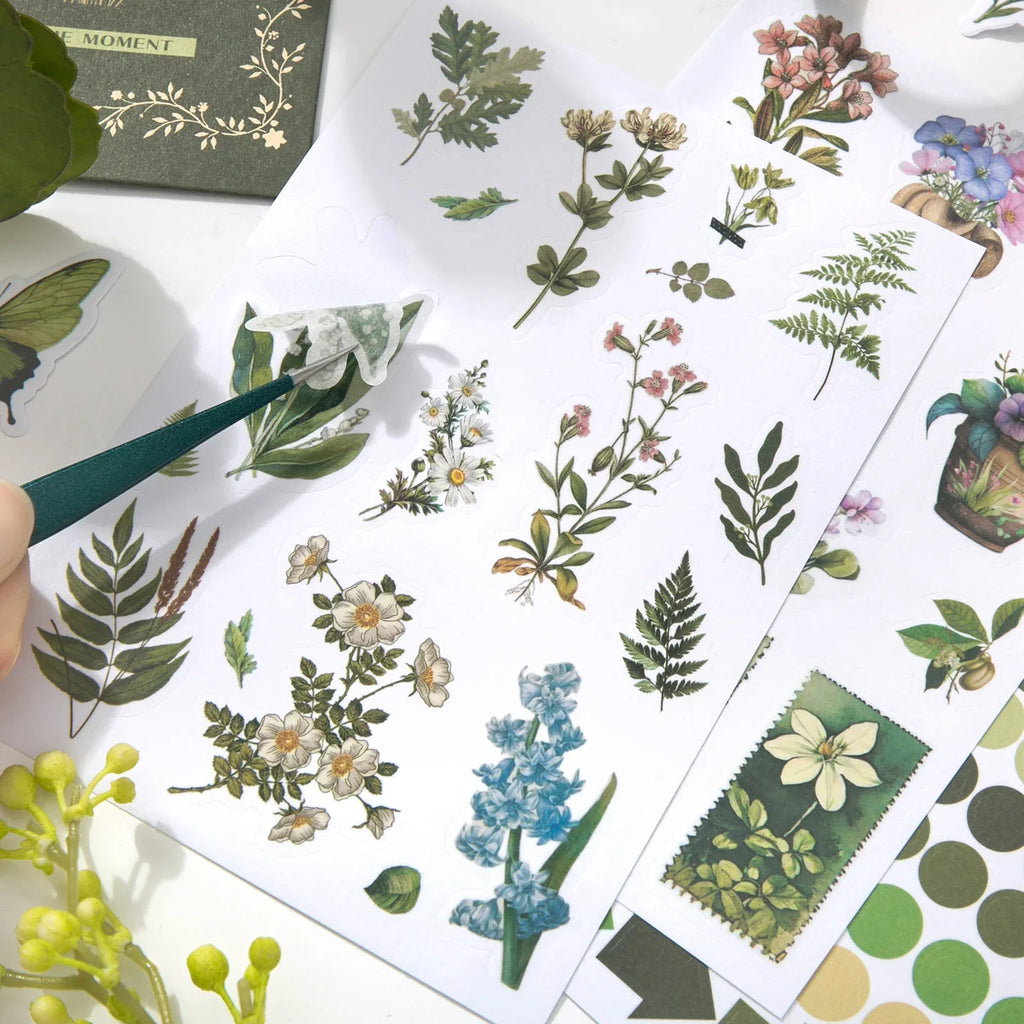 Botanical Haven Junk Journal Kit gallery image 8 showing botanical papers, leafy stickers, and nature-inspired ephemera for junk journaling and scrapbooking