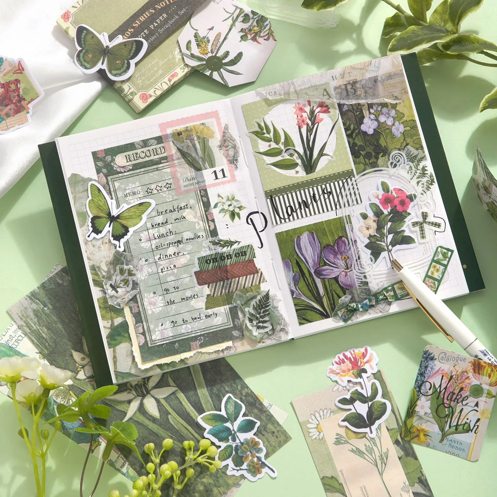 Botanical Haven Junk Journal Kit gallery image 9 showing botanical papers, leafy stickers, and nature-inspired ephemera for junk journaling and scrapbooking