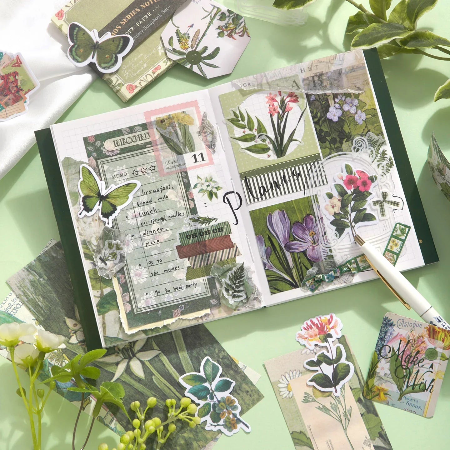 Botanical Haven Junk Journal Kit gallery image 9 showing botanical papers, leafy stickers, and nature-inspired ephemera for junk journaling and scrapbooking