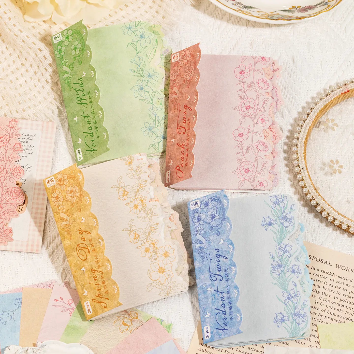 Botanical Lace Floral Journaling Sticker Set with four pastel floral paper sticker styles