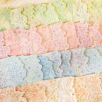 Close-up of pastel floral journaling stickers with scalloped botanical edges