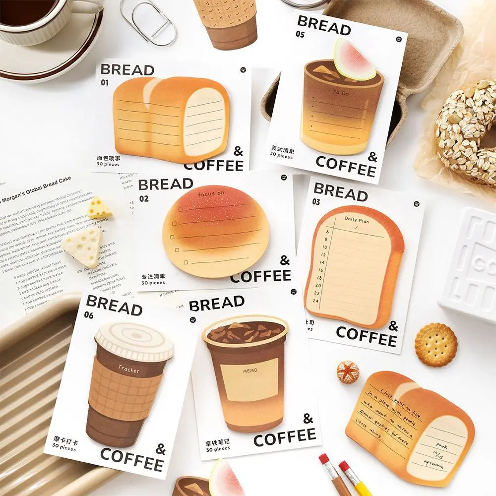 Bread and Coffee sticky notes set with toast, bread, and coffee cup note designs for planners and journals.