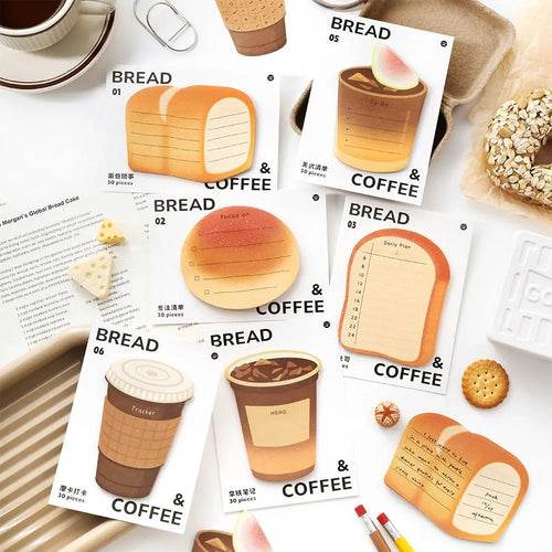 Bread and Coffee sticky notes set with toast, bread, and coffee cup note designs for planners and journals.