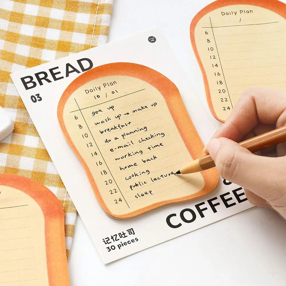 Bread and Coffee sticky notes page detail with toast, latte, checklist, and tracker layouts for planning.