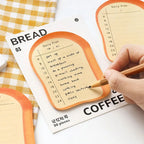 Bread and Coffee sticky notes page detail with toast, latte, checklist, and tracker layouts for planning.