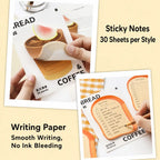 Bread and Coffee sticky notes packaging view with cafe themed note pads for desk stationery and journals.
