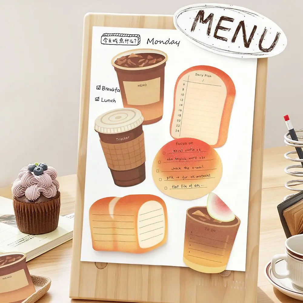 Bread and Coffee sticky notes in use as planner reminders, journal labels, and cafe themed scrapbook notes.