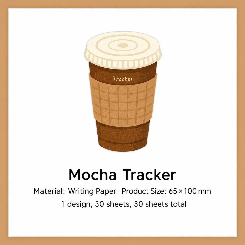 Mocha Tracker Bread and Coffee sticky notes with takeaway cup tracker page for daily planning.