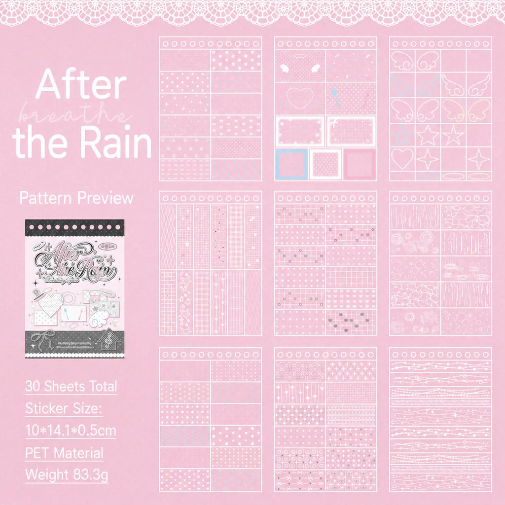 After the Rain style preview from the Breathing Space Journaling Sticker Set with pink lace patterns, frames, bows, and decorative accents