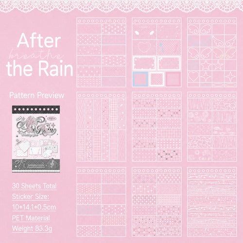 After the Rain style preview from the Breathing Space Journaling Sticker Set with pink lace patterns, frames, bows, and decorative accents
