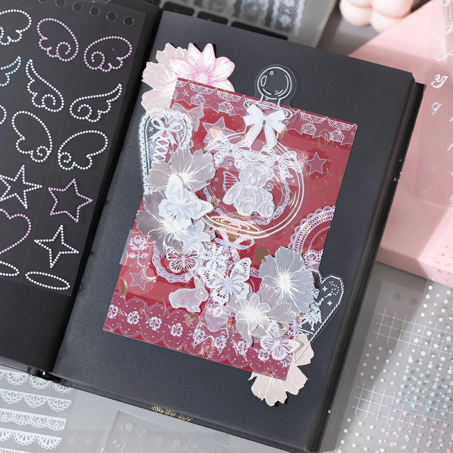 Collage page using lace, floral, bow, and frame stickers from the Breathing Space Journaling Sticker Set