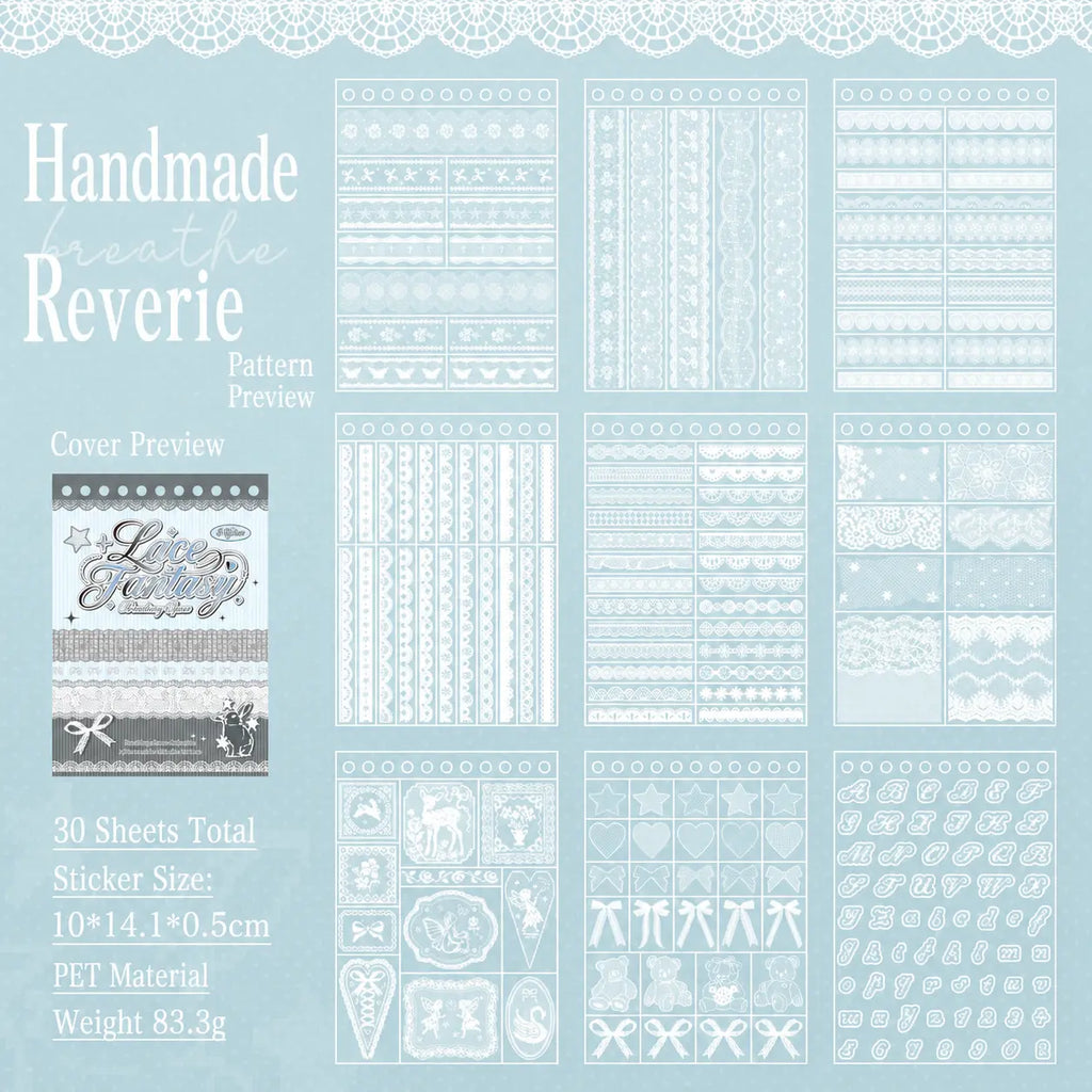 Lace Fantasy style preview from the Breathing Space Journaling Sticker Set with white lace borders, bows, frames, and vintage decorative patterns