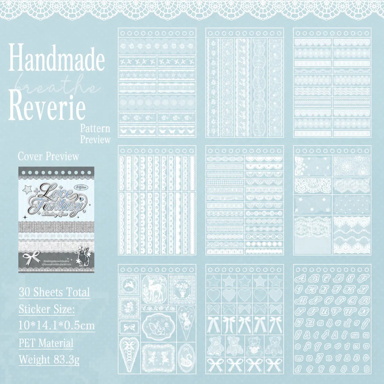 Lace Fantasy style preview from the Breathing Space Journaling Sticker Set with white lace borders, bows, frames, and vintage decorative patterns
