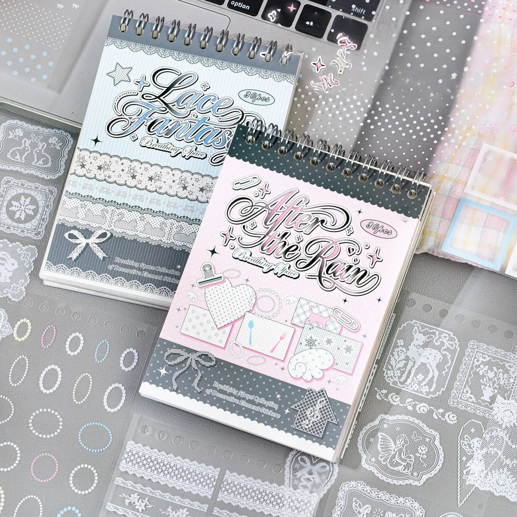 Breathing Space Journaling Sticker Set showing After the Rain and Lace Fantasy style options with lace-inspired decorative sticker sheets