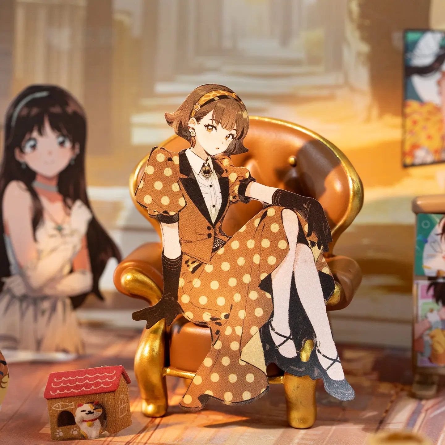 Large illustrated character sticker in a brown polka-dot outfit displayed with coordinating collage materials