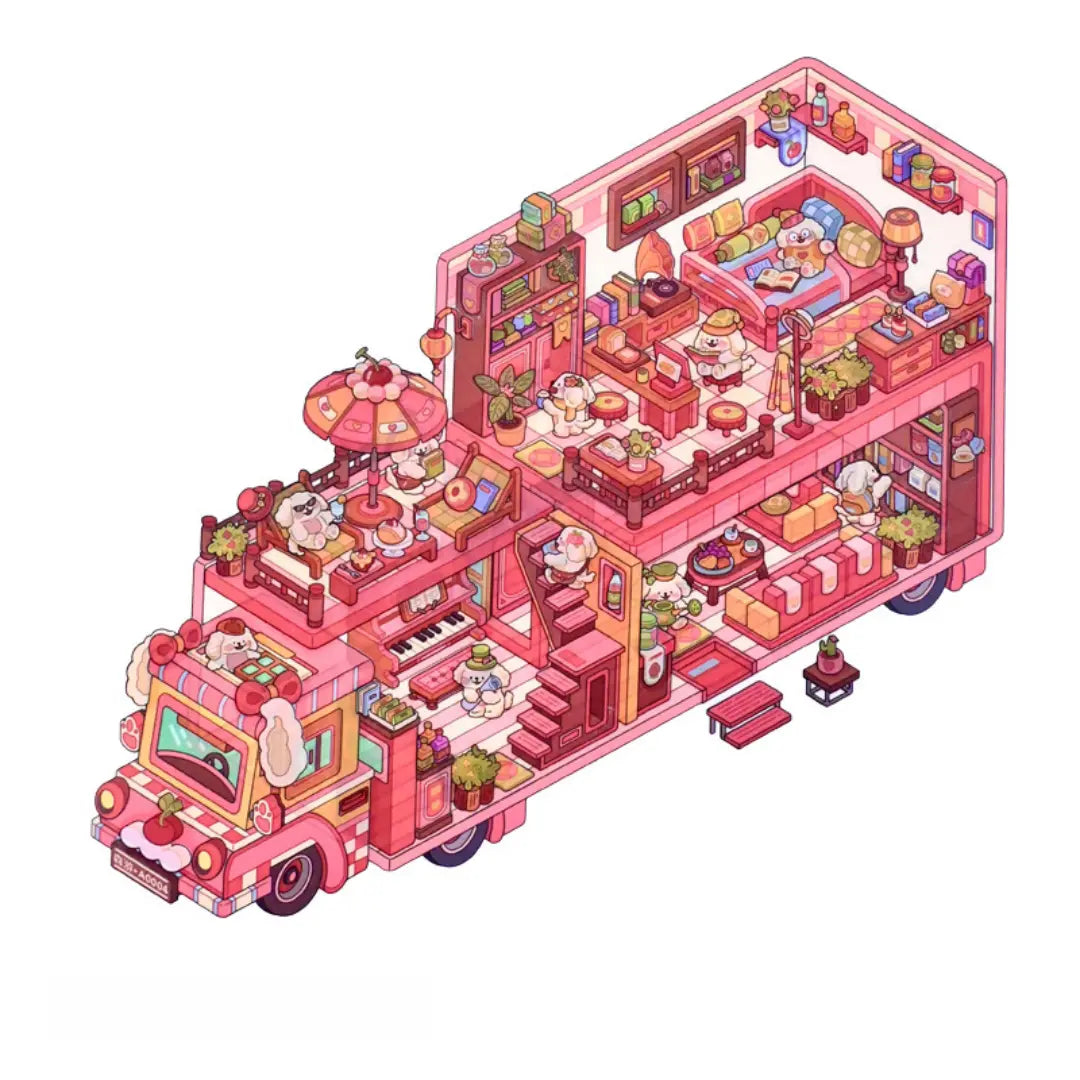 Finished brown food truck 3D-look scene sticker with a warm kitchen-style interior and cute food-themed details