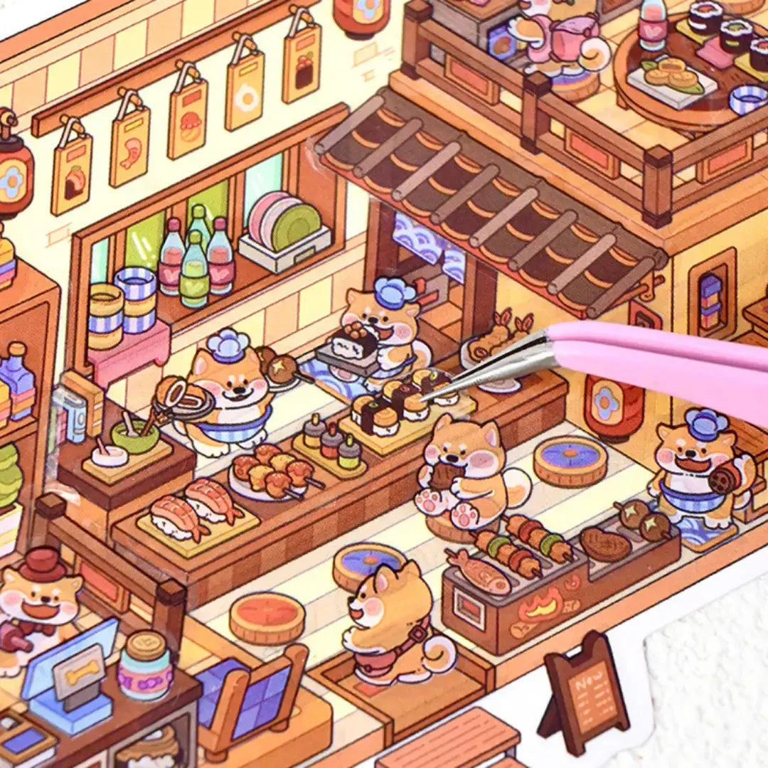 Close-up of the brown food truck 3D scene sticker showing tiny animal characters, food, and interior details