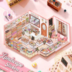 Cake Story 3D Scene Sticker Kit finished display with a cozy miniature cake shop layout