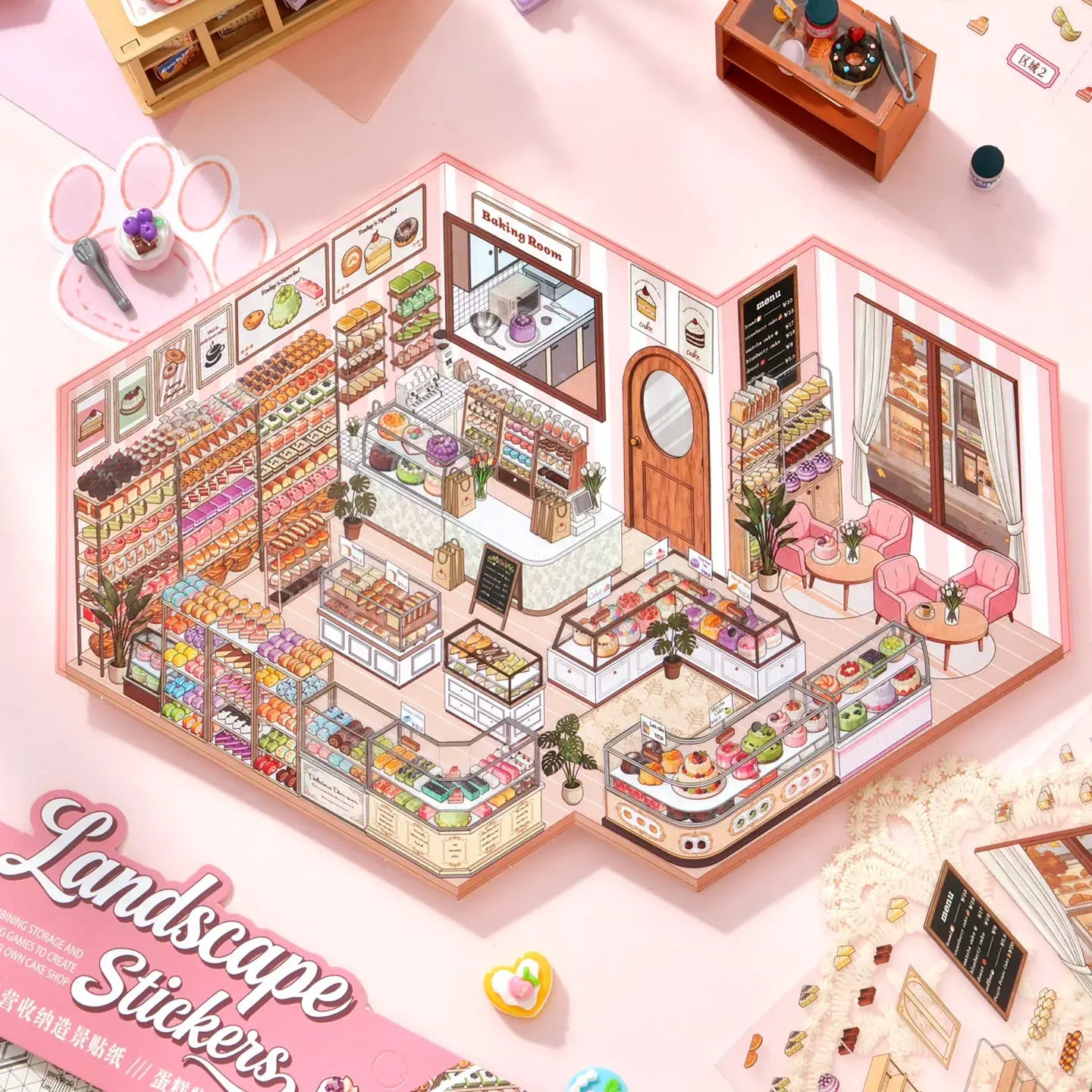 Cake Story 3D Scene Sticker Kit finished display with a cozy miniature cake shop layout