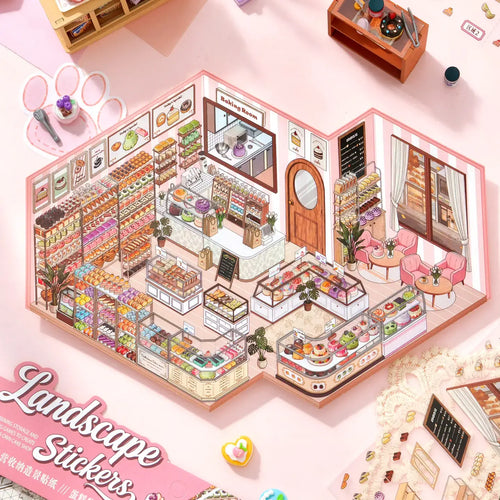 Cake Story 3D Scene Sticker Kit finished display with a cozy miniature cake shop layout