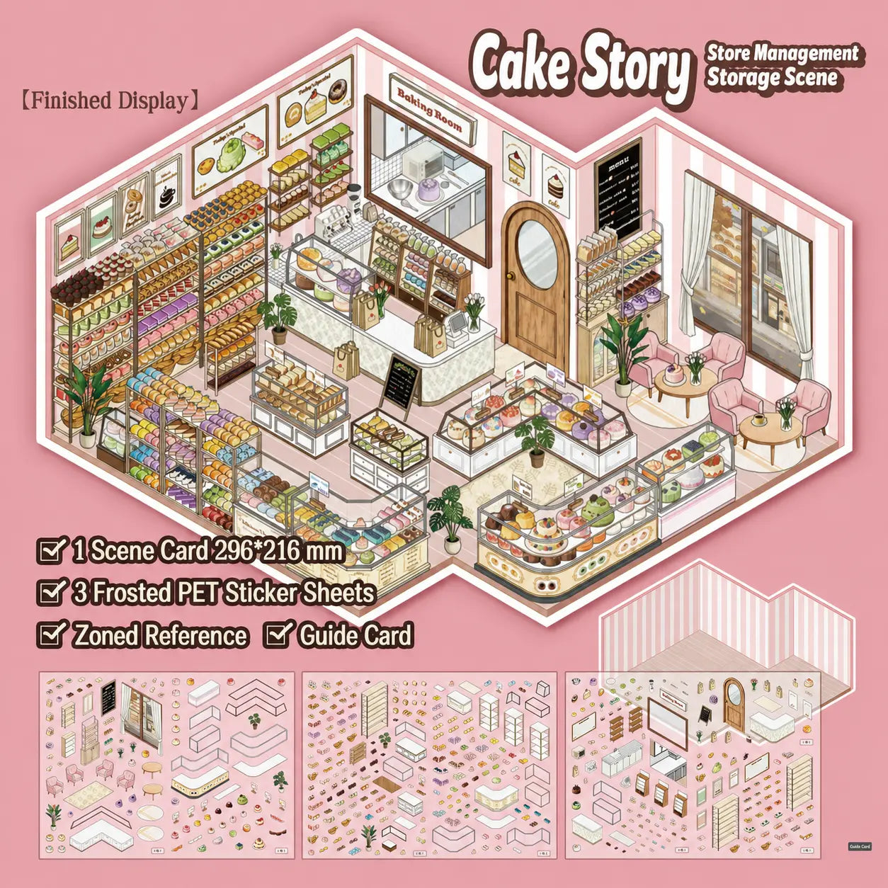 Overview of the Cake Story 3D Scene Sticker Kit with one scene card and three frosted PET sticker sheets