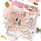 Frosted PET sticker sheets and illustrated cake shop scene card for the Cake Story 3D Scene Sticker Kit