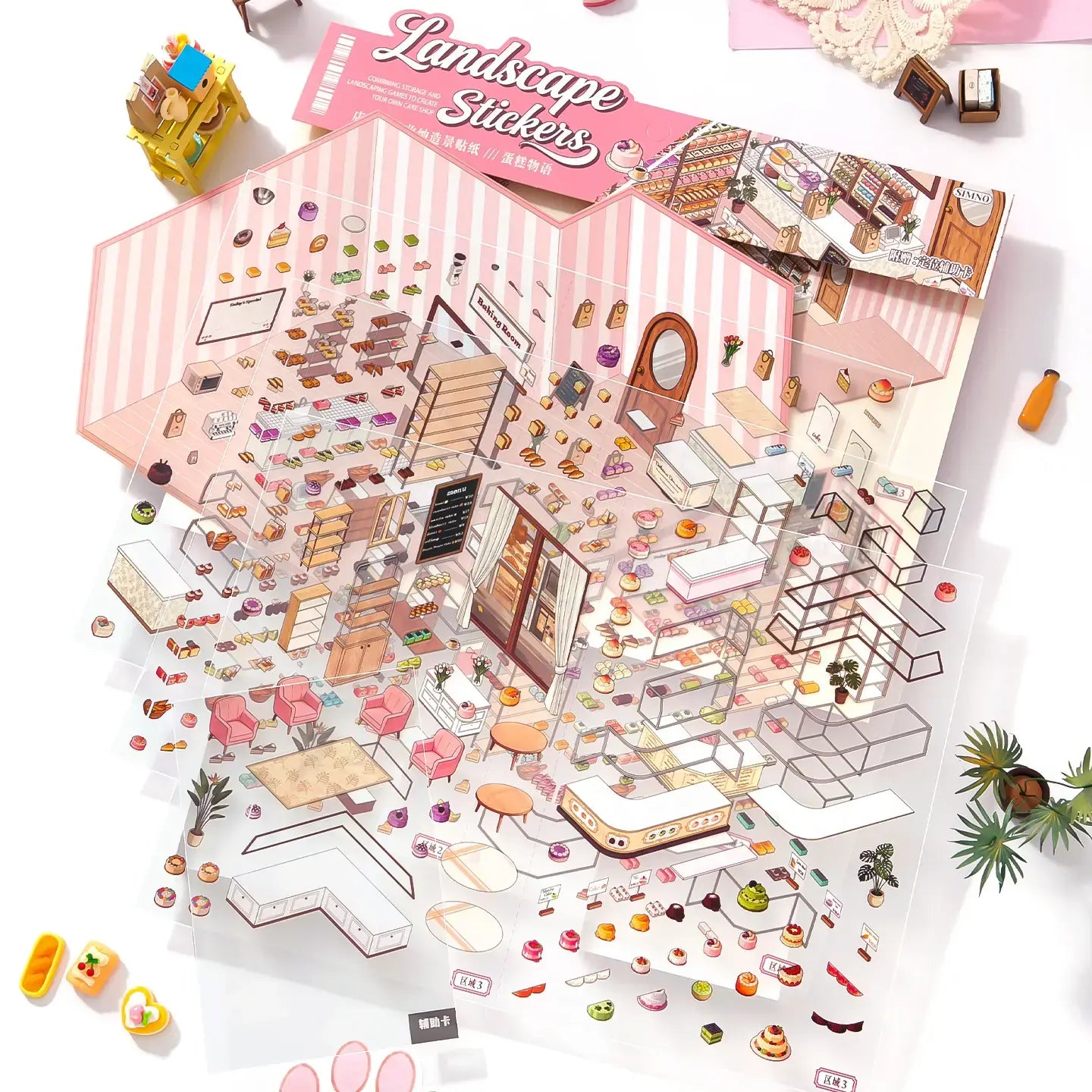 Frosted PET sticker sheets and illustrated cake shop scene card for the Cake Story 3D Scene Sticker Kit