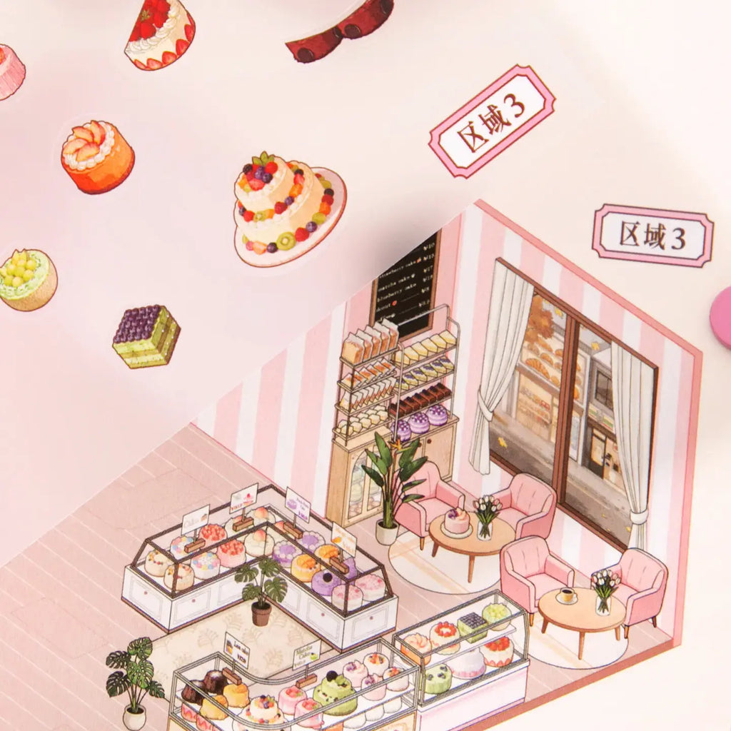 Close-up of miniature cake displays, café chairs, plants, and shop details in the Cake Story scene sticker kit