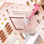 Tweezers placing a frosted PET sticker onto the Cake Story miniature cake shop scene card