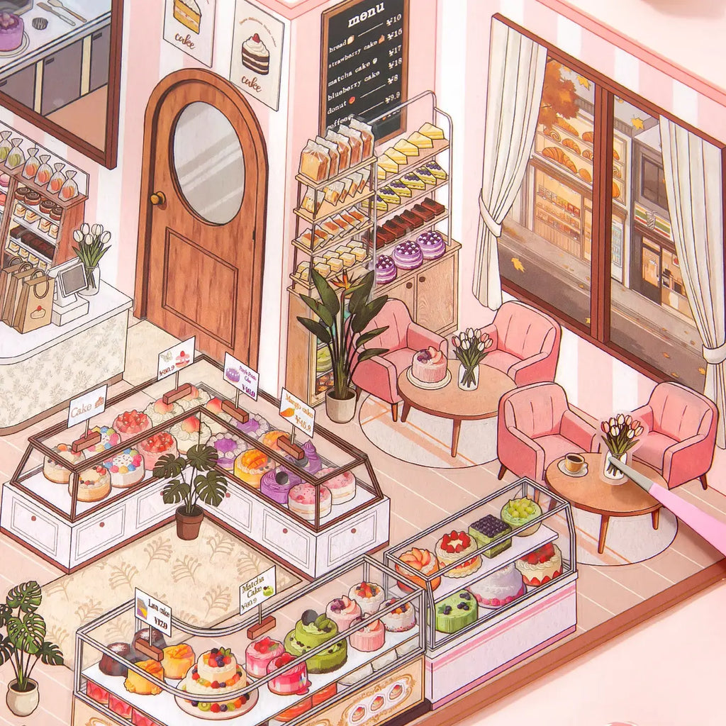 Detail of the Cake Story scene card with numbered placement zones and miniature cake shop decorations