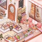 Detail of the Cake Story scene card with numbered placement zones and miniature cake shop decorations