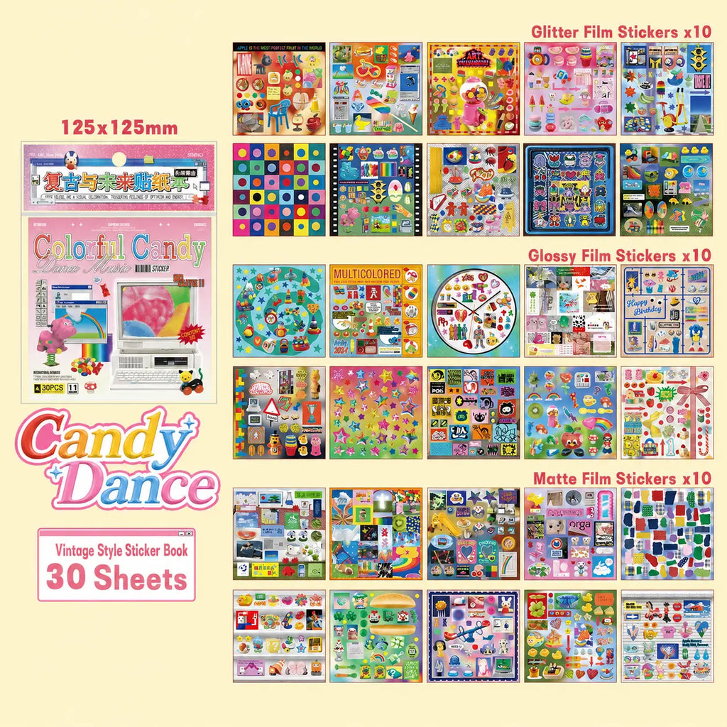 Candy Dance sticker sheet overview with glitter, glossy, and matte retro colorful designs