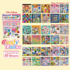 Candy Dance sticker sheet overview with glitter, glossy, and matte retro colorful designs