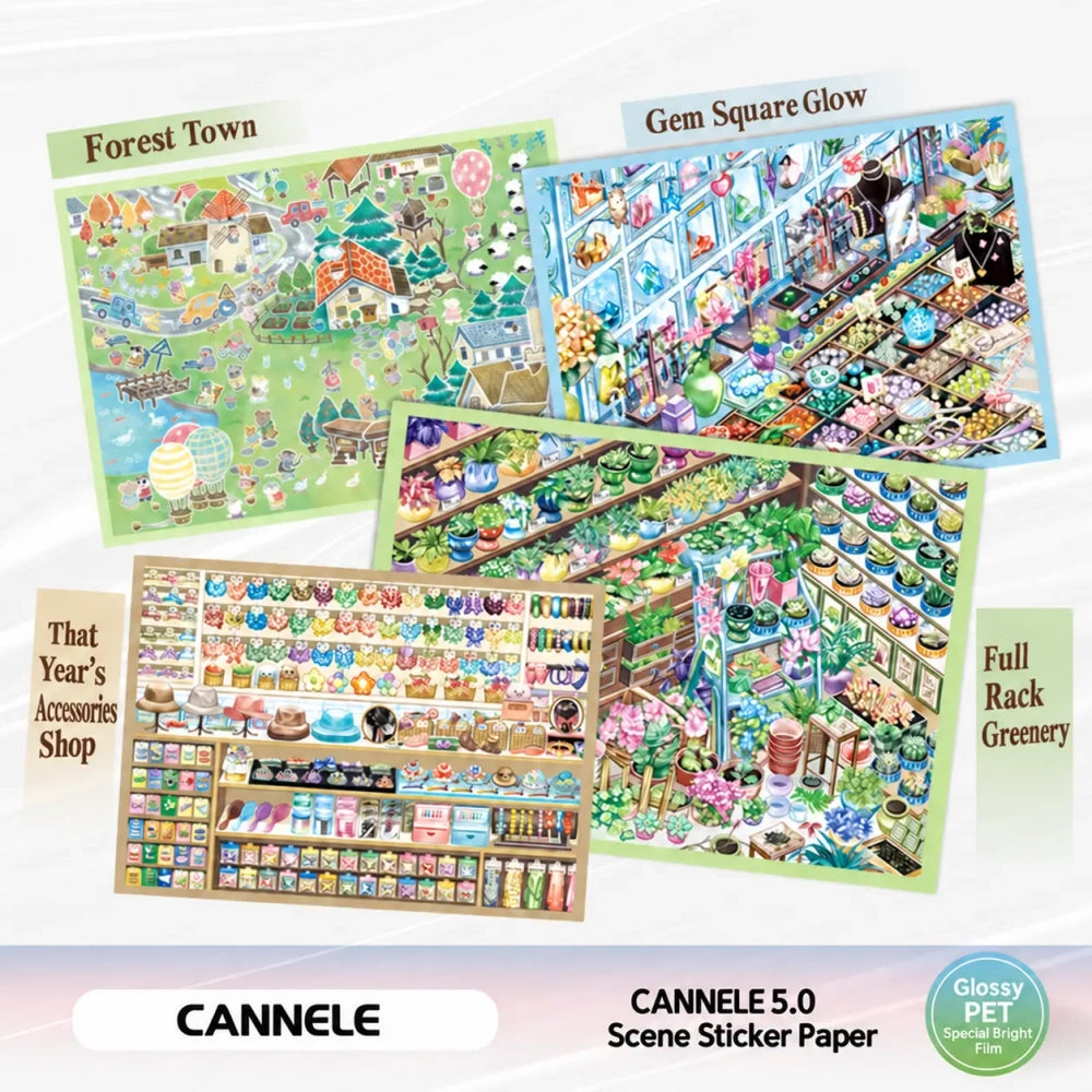 CANNELE 5.0 Forest Town and mini shop scene sticker kit with four themed designs