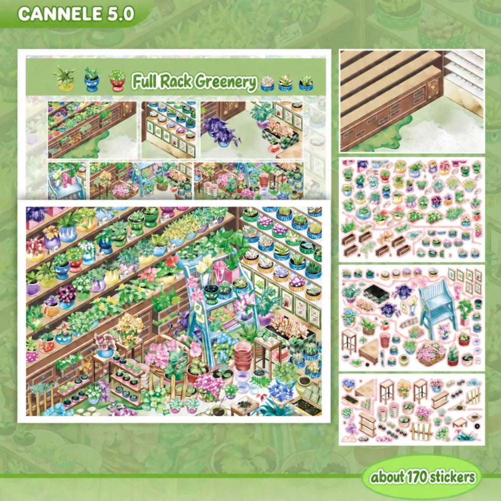 Full Rack Greenery scene sticker kit with plant shelves, flower pots, and about 170 stickers