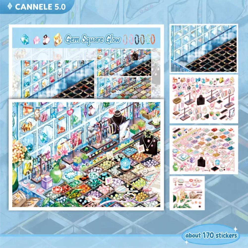 Gem Square Glow scene sticker kit with jewelry displays, crystals, and about 170 stickers