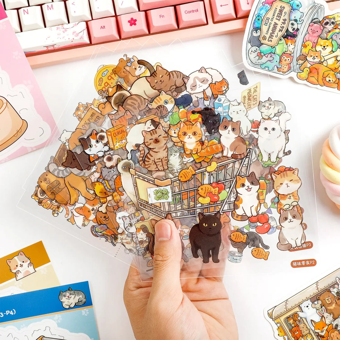 Cat Bucket PET sticker sheet with layered cat and grocery themed sticker pieces