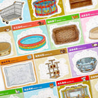 Cat Bucket scene cards with cat basket, pool, shopping cart, and cat tree designs